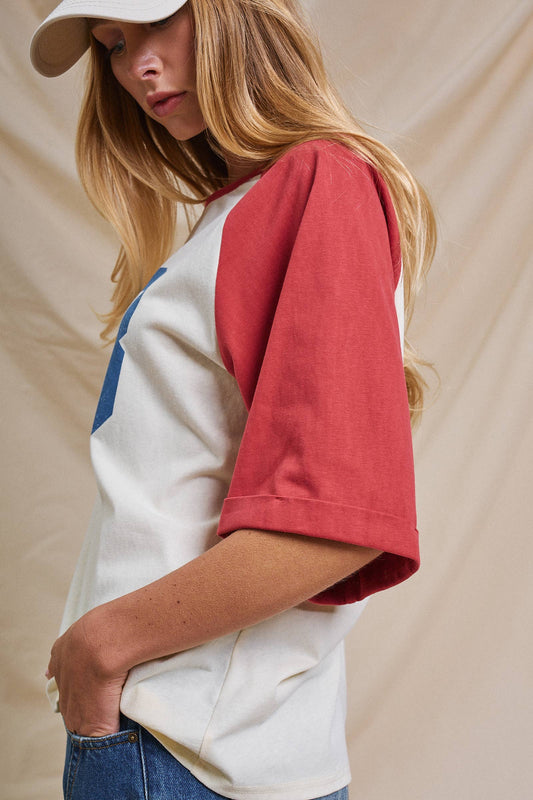 Ivory and Red Vintage Varsity Cotton Baseball Tee - 141381