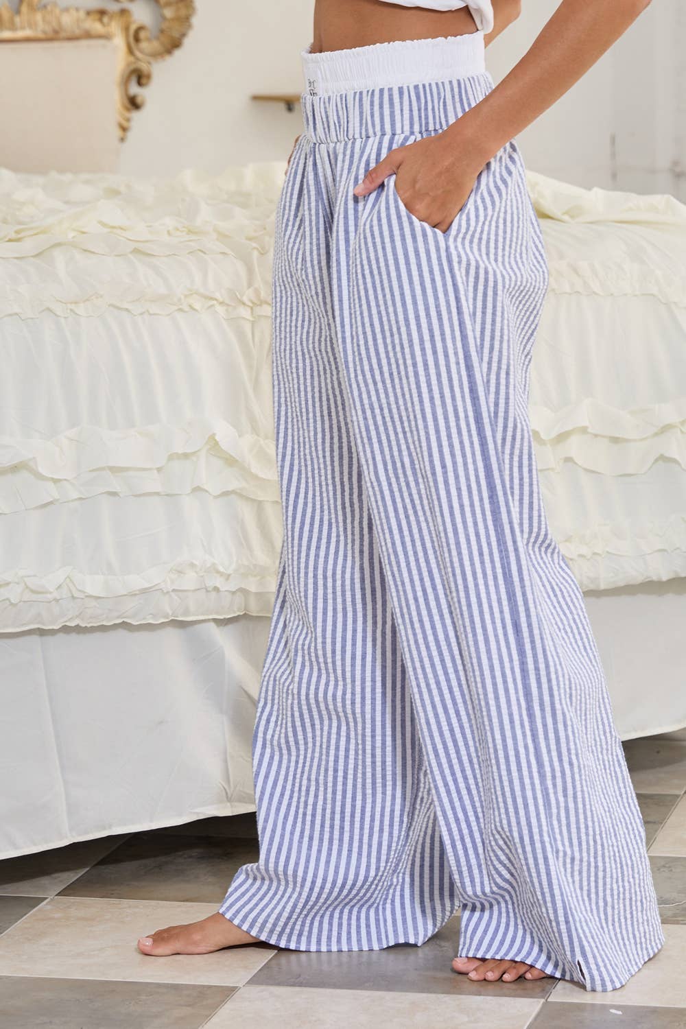 Blue and White Striped Seersucker Double Banded Exposed Boxer Pants