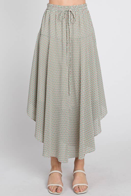 Jade and Burgundy Midi Skirt Juliana Pattern Drawstring Waist and Flared Curve Hemline