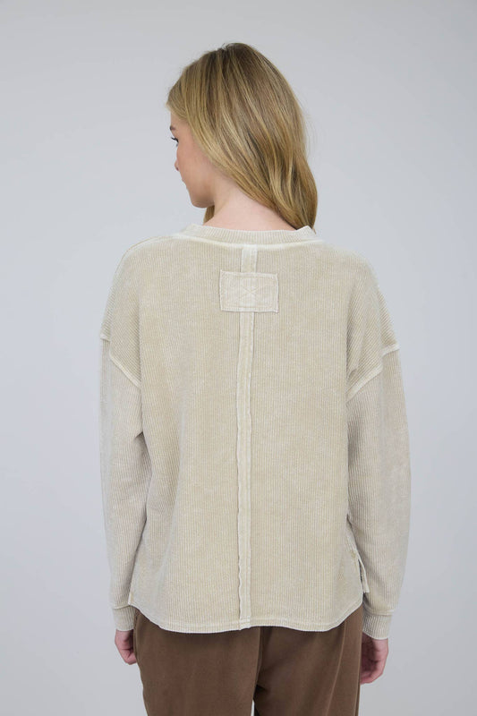 Khaki Acid Washed Ribbed Oversized Cotton Top