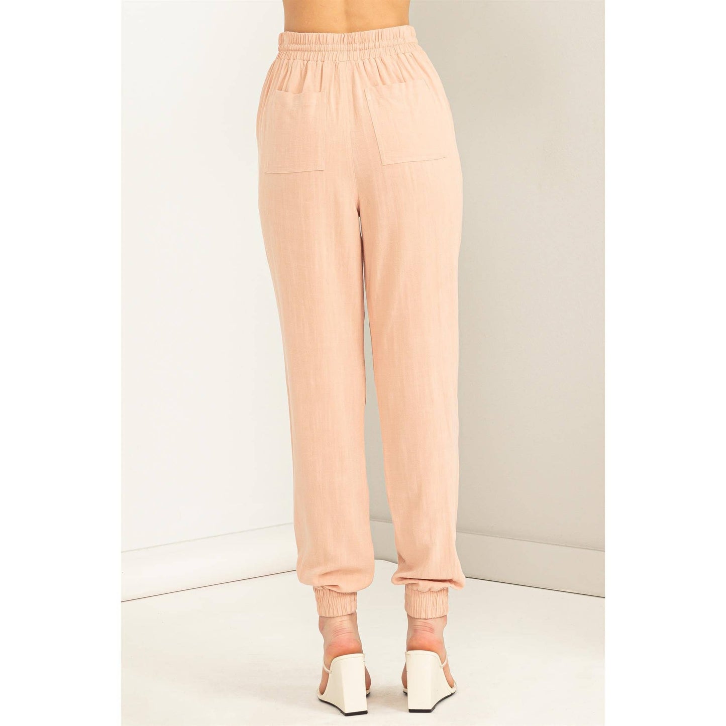 Pale Olive Green Linen Drawstring Jogger Pants