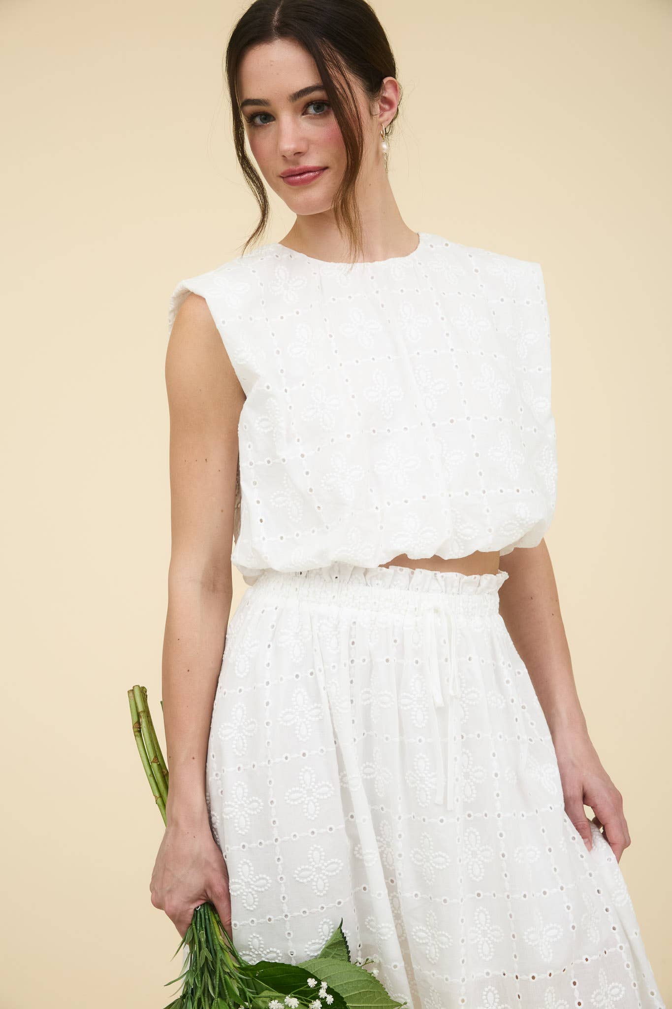 White Cotton Eyelet Ruffled Lined Midi Skirt