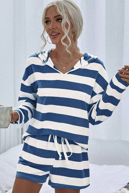 Two Pieces Aqua Blue Striped Oversized Long Sleeves Set