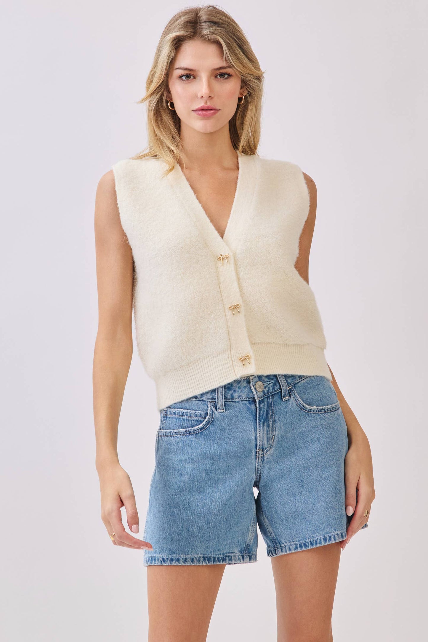 Ivory Fuzzy Sweater Vest with Gold Bow Buttons