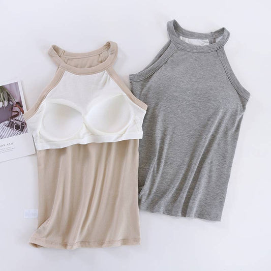 Nude Round Neck Halter Built-In Bra Tank Top- 180444