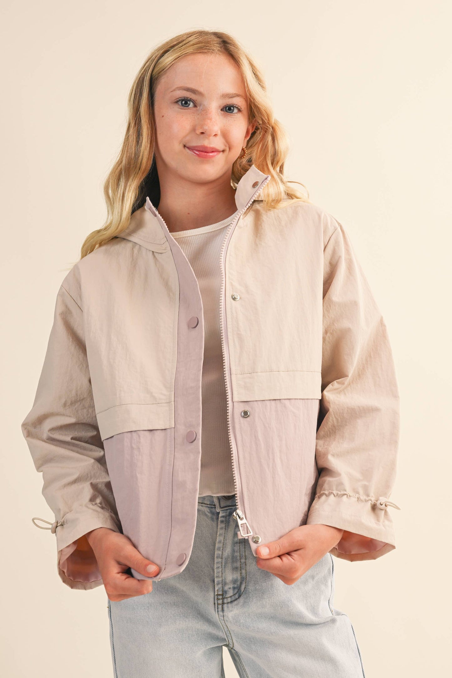 Biege/ Lavender Hooded w/ Cinch Cuffs Windbreaker