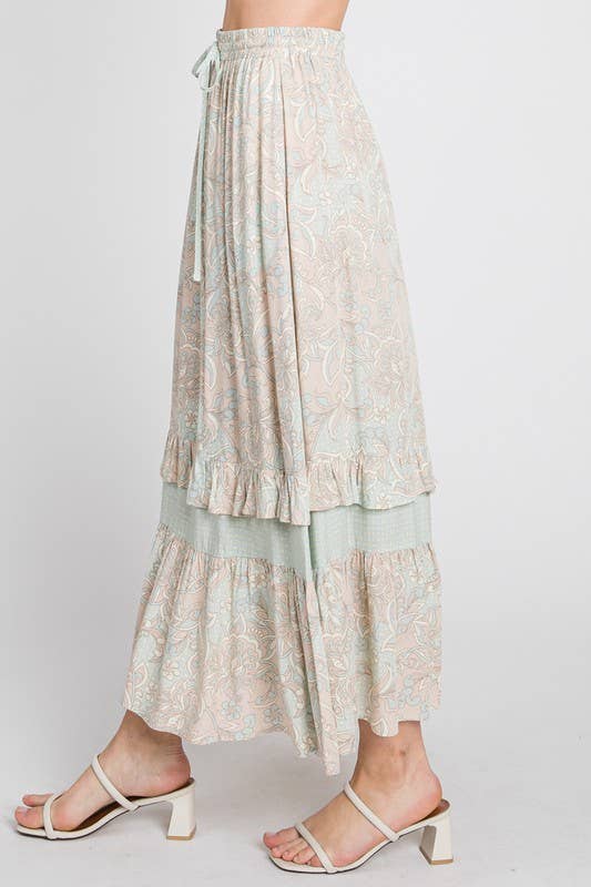 Mint and Taupe Delicate Design Block Ruffle Maxi Skirt
