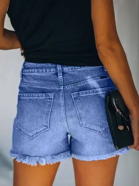 High-Rise Distressed Stretch Denim Shorts