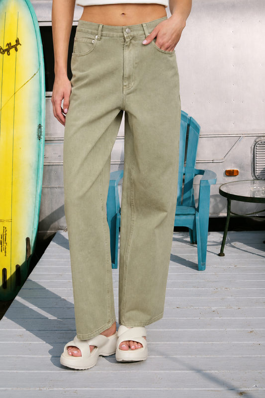 Light Olive Washed Wide Leg Jeans-131022