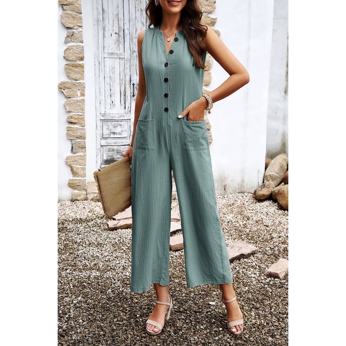 Green Elegant Sleeveless  Wide Leg Button Down Jumpsuit