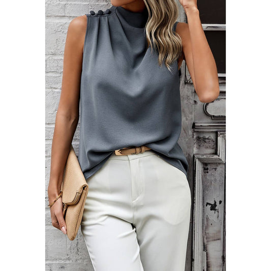 Button Grey Blue Silky Layered Collar Sleeveless Blouse