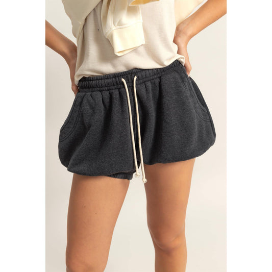 Black Drawstring Waist Bubbled Hem Shorts
