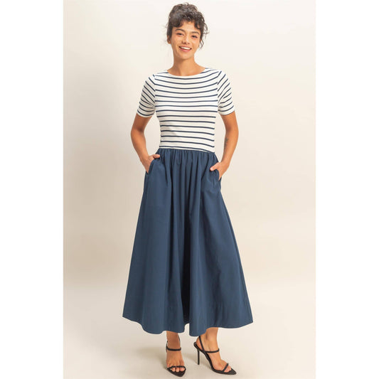 Navy Striped Ribbed Top And Poplin Skirt Midi Dress