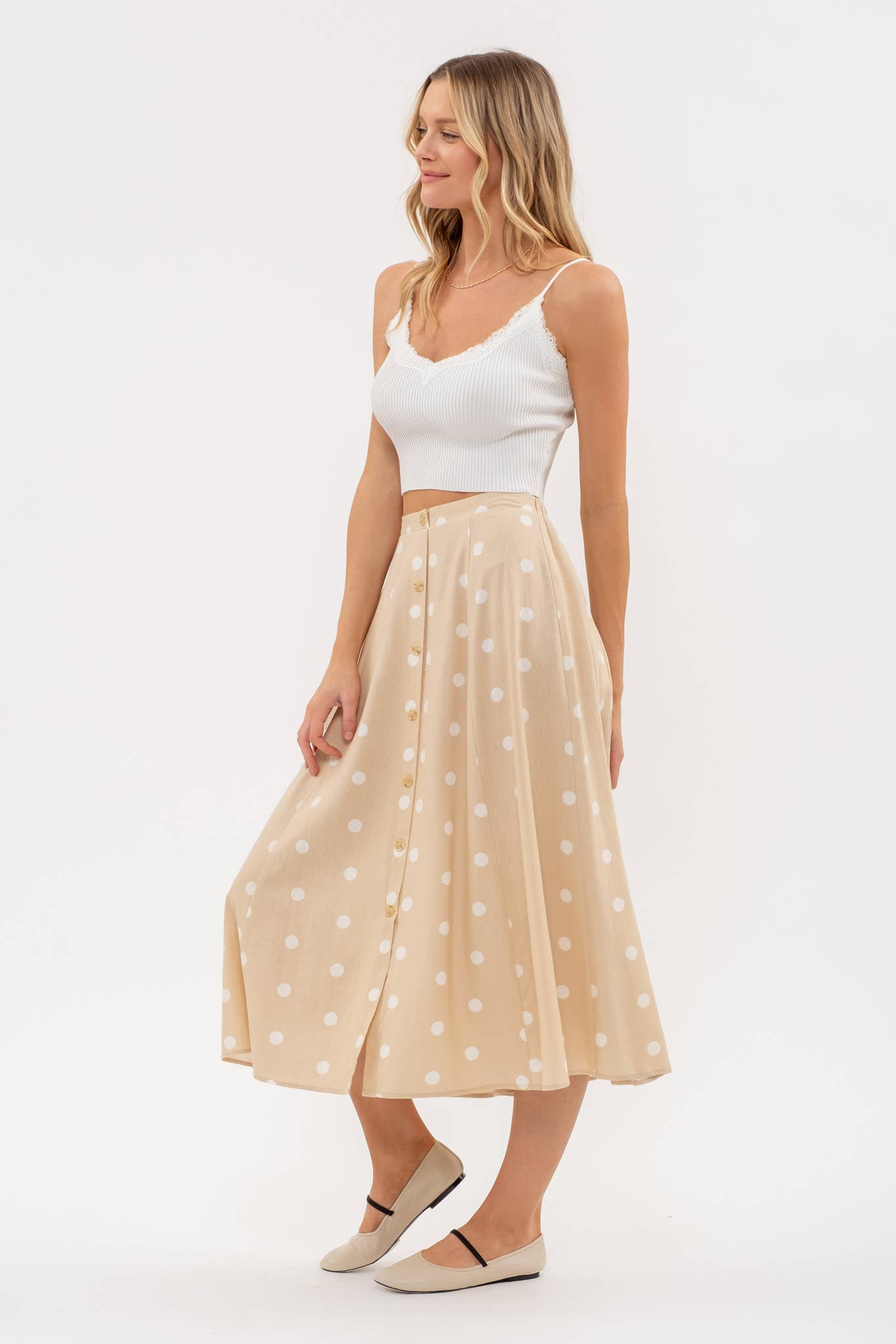 Khaki and White Linen Polka Dot Button Down Skirt
