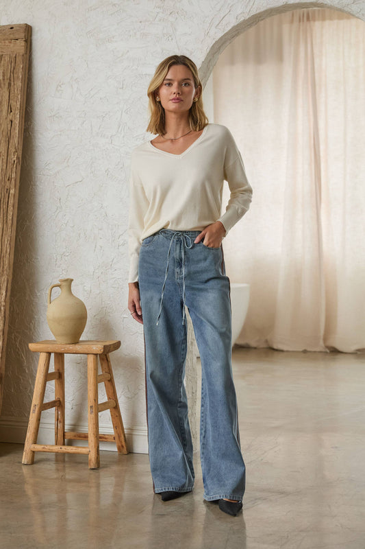 Washed Denim Pants w/ Faux Suede Side Line Detail-135518