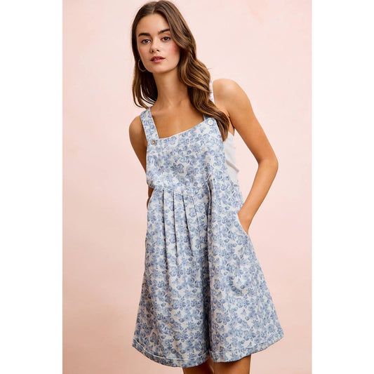 Blue Flower Printed Washed Twill Denim Shortall- 121162