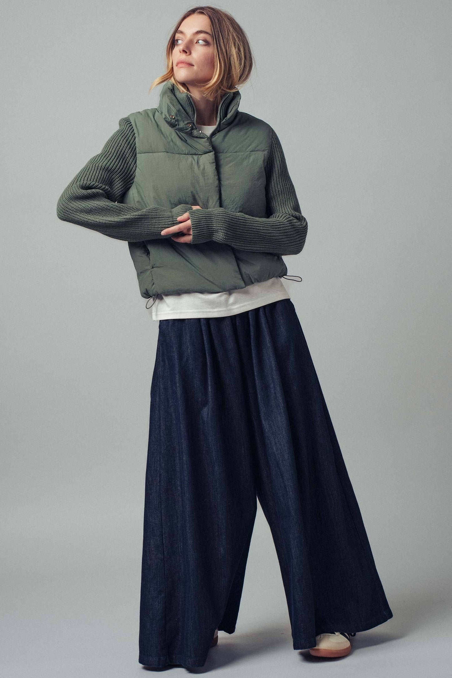 Olive Sweater Knit Sleeves Light Puffer Zipper / Snap Jacket