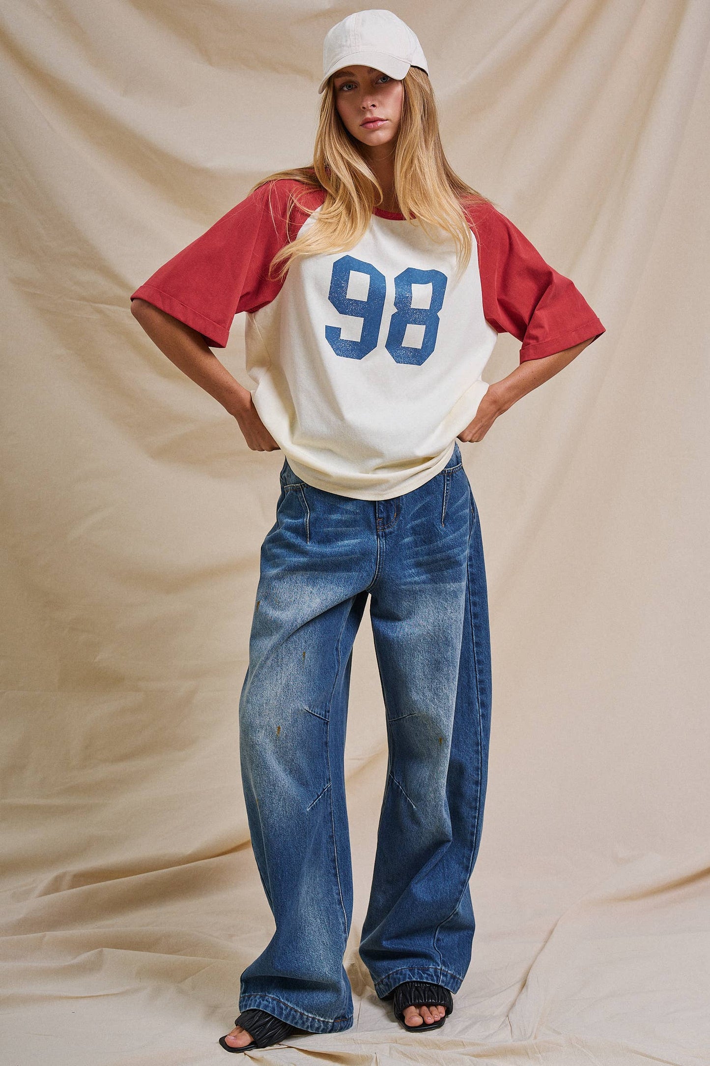 Ivory and Red Vintage Varsity Cotton Baseball Tee - 141381