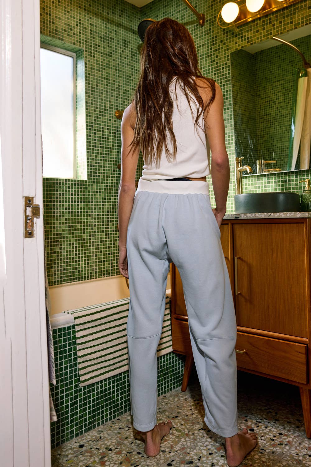 Sky Blue White Band Drawstring Solid Barrel Silhouette Pants