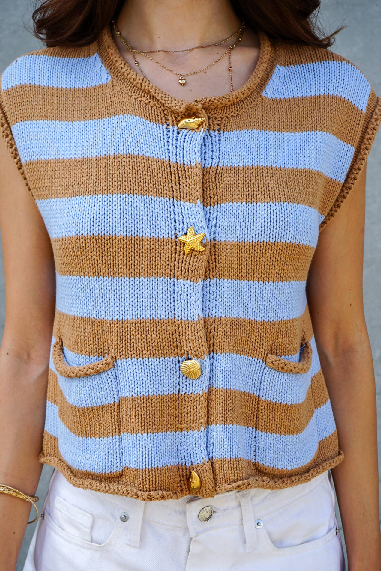 Mocha and Blue Striped Nautical Button Knit Vest-211221