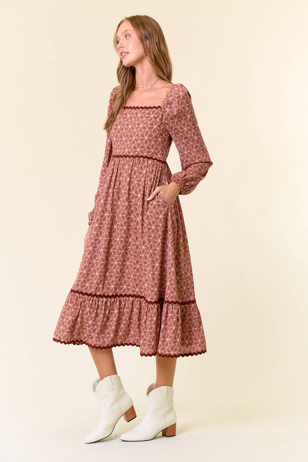 Floral Terra Cotta Square Neck Lace Tiered Midi Dress