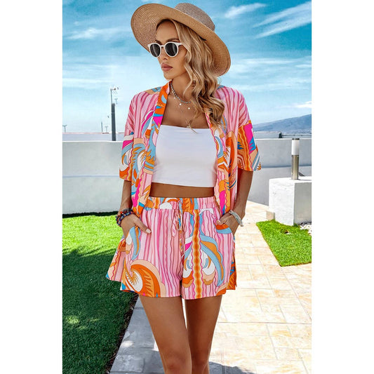 Fun Print Drop Shoulder Blouse Tie Front Shorts