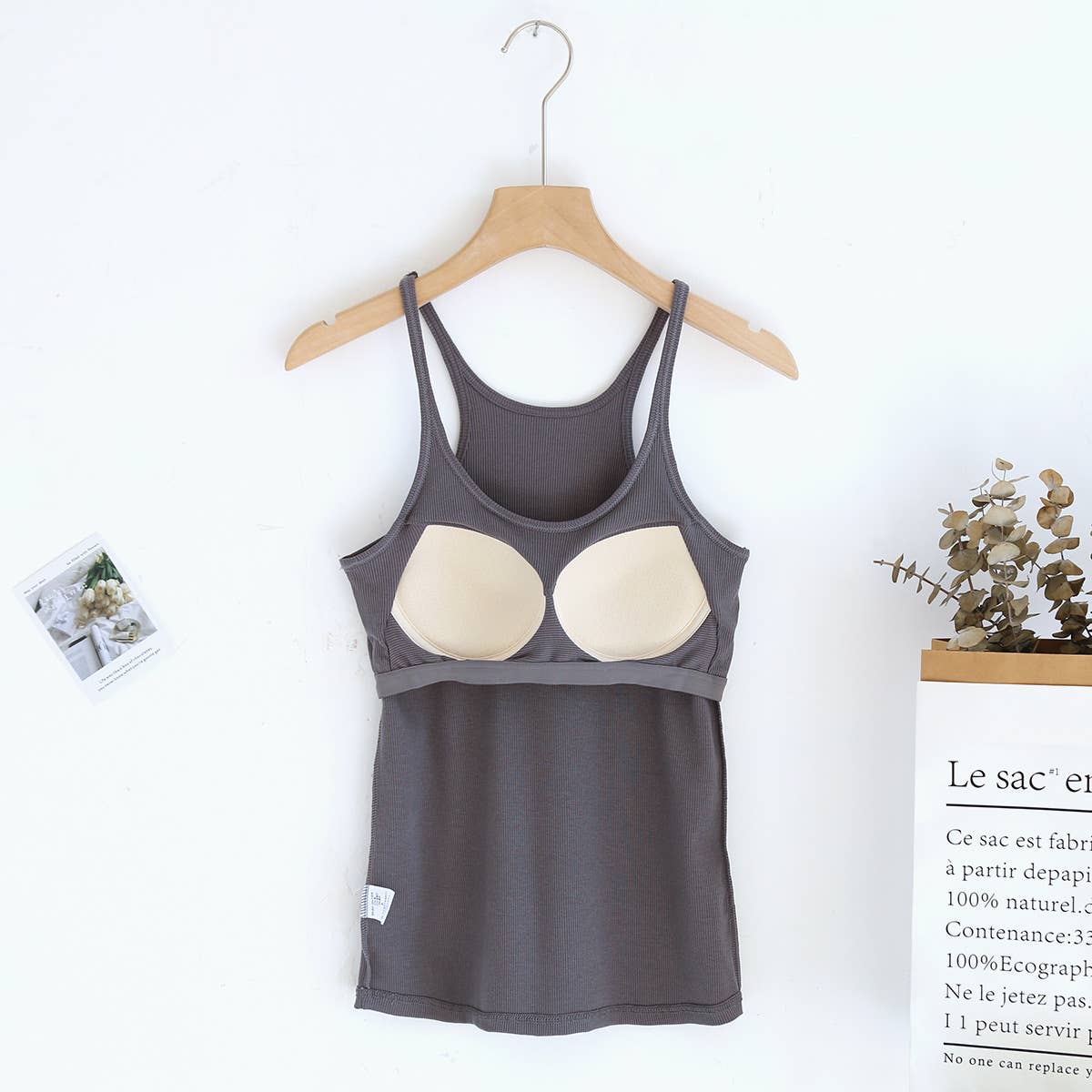 Beige athletic Spoon U-neck built-in bra rib tank top
