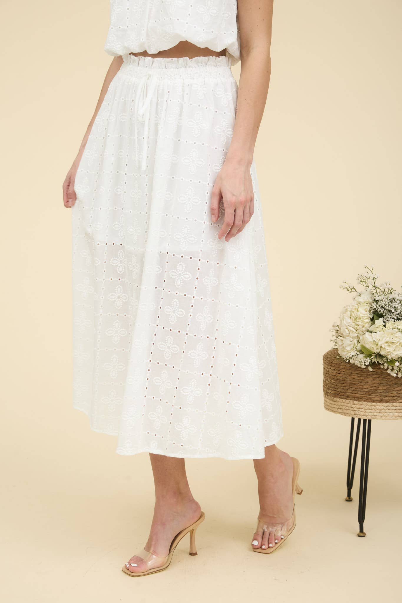 White Cotton Eyelet Ruffled Lined Midi Skirt