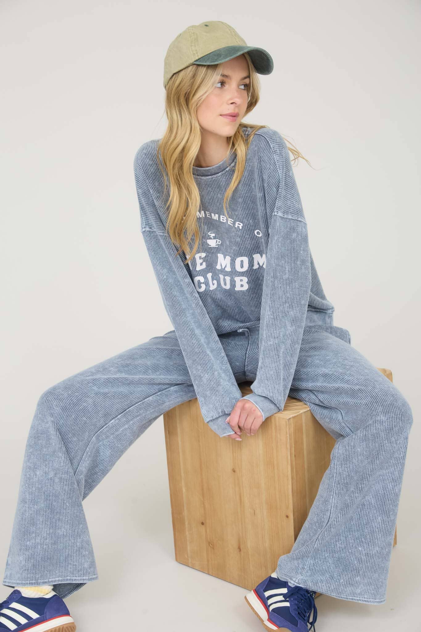 'Mom Club' Acid Washed Blue Ribbed Relaxed Fit Sweatshirt