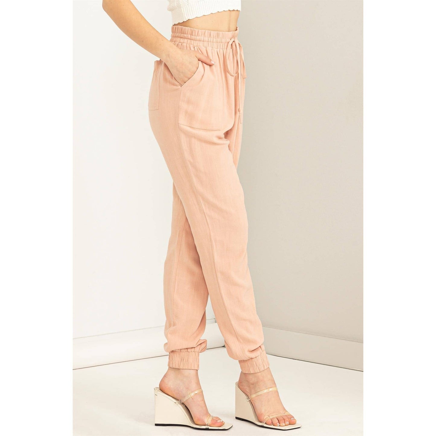 Pale Olive Green Linen Drawstring Jogger Pants