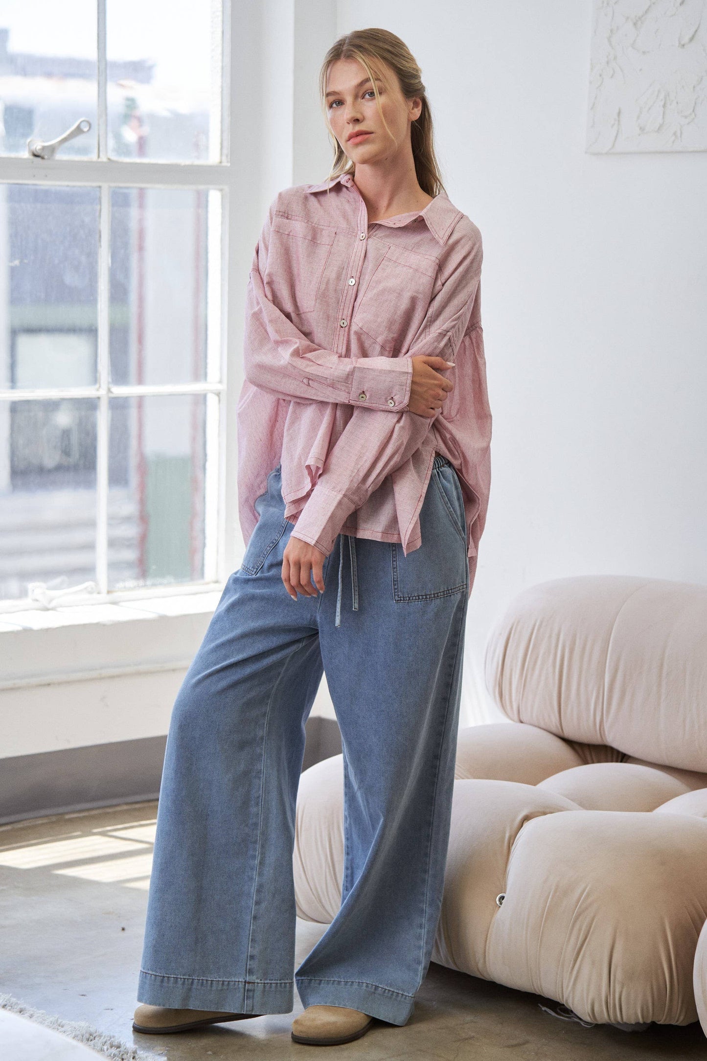 Red Mira Lightweight Sheer Oversized Button-Up Shirt