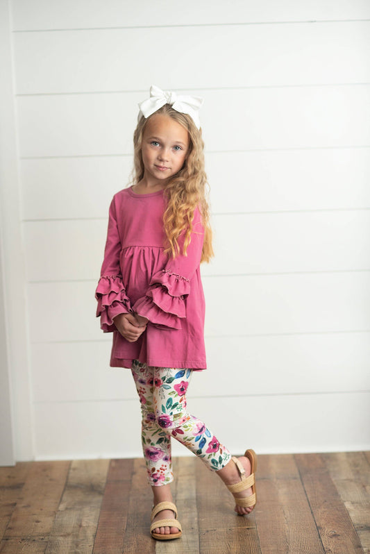 Pink Ruffle Sleeve Shirt & Floral Leggings Set