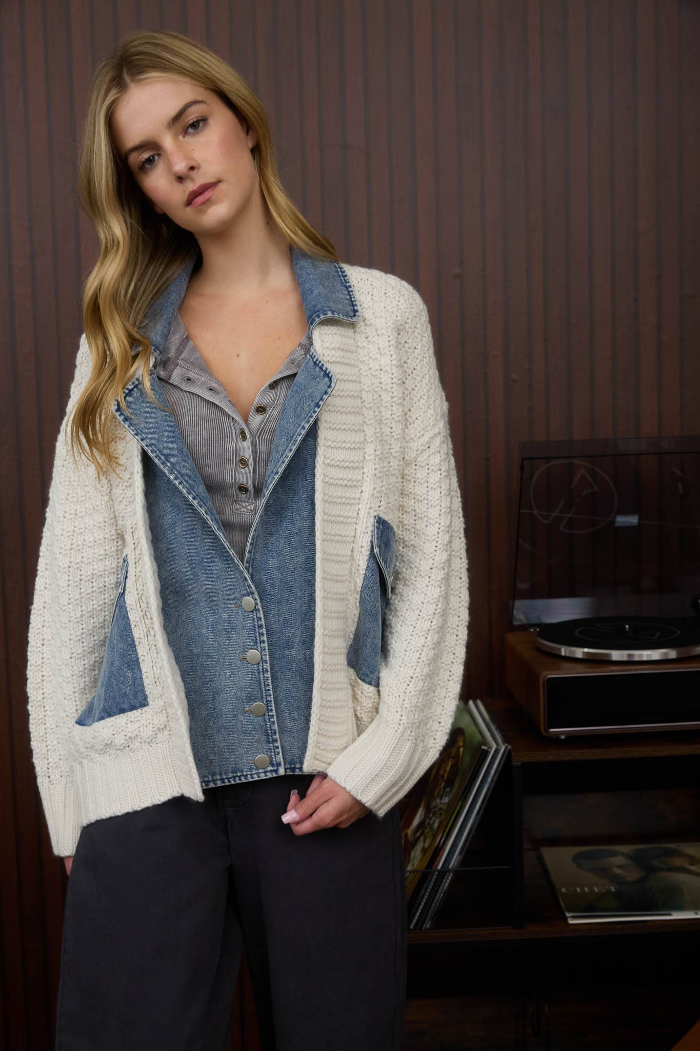 Cream Cable Knit with Denim Detail Sweater Jacket