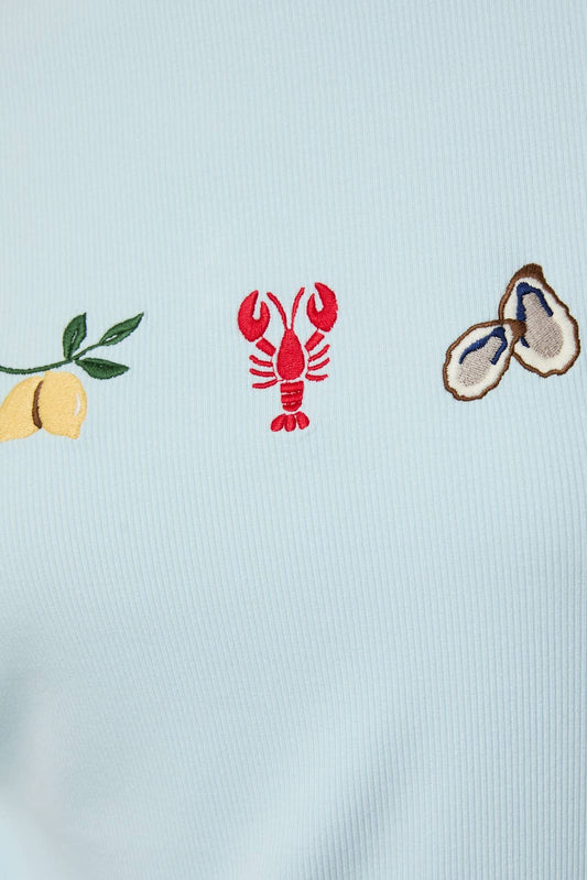 LT Blue Soft Ribbed Embroidered Top - 142083