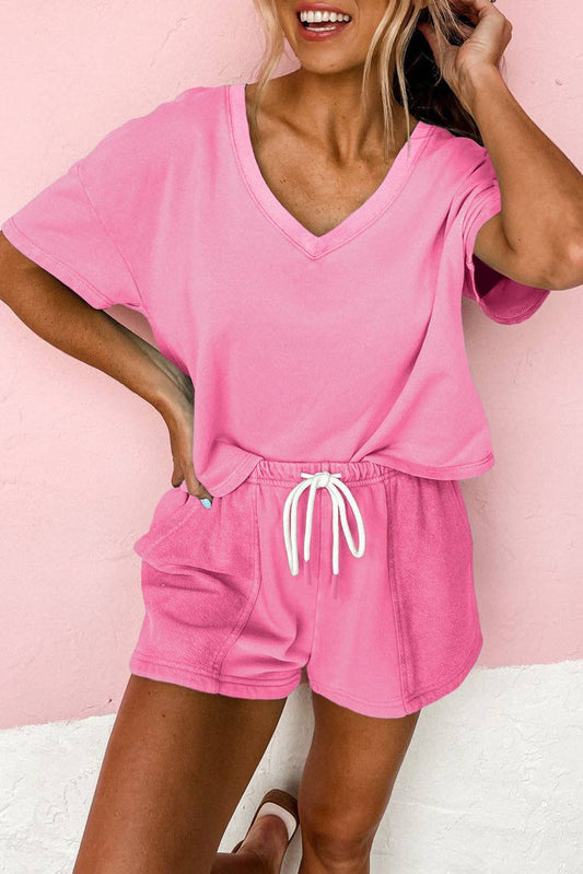 Sweet Pink Bonbon V Neck Drop Shoulder Tee and Patchwork Drawstring Shorts Set