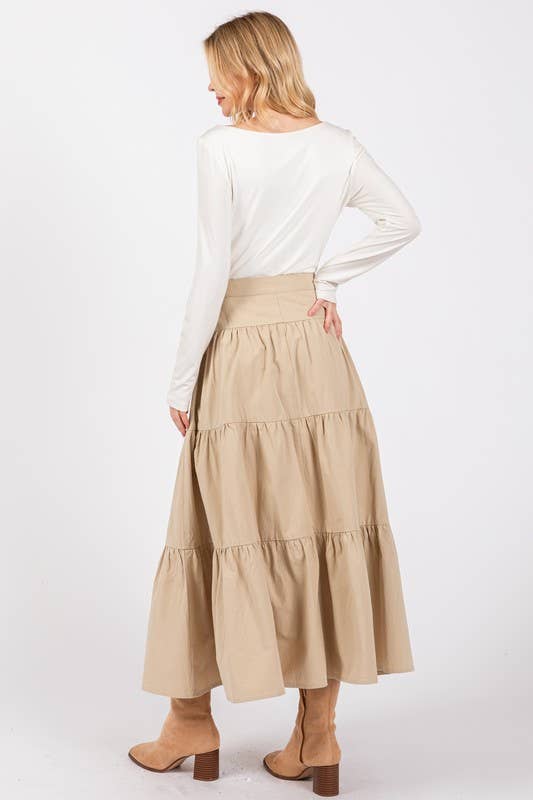 Beige Tiered Cotton Maxi Skirt W/ Button Detailed Front