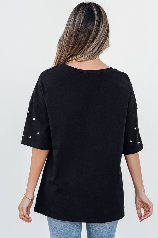 Pearl Beaded Black Drop Shoulder Crewneck Tee