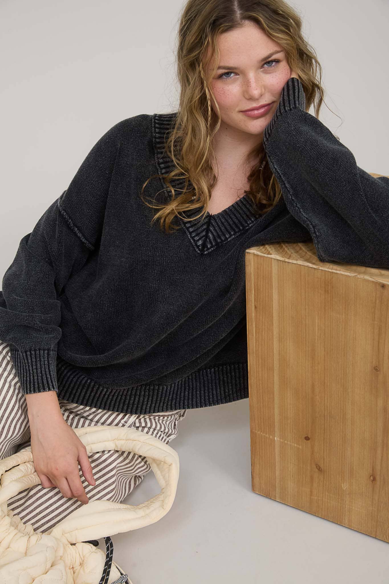 Acid Washed Charcoal V-Neck Soft Knit Sweater