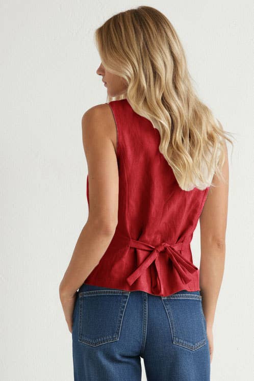 Red Sleeveless Woven Vest With Back Tie-145073