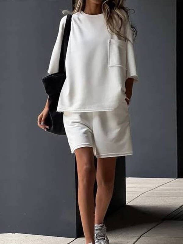 White Summer Crewneck Short-Sleeve Raw Trim Long Shorts Set