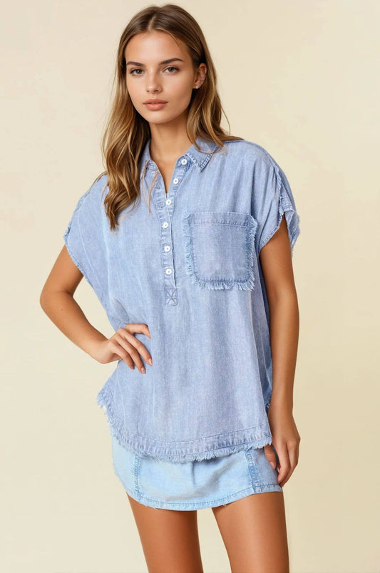 Collared Henley Frayed Denim Dolman Sleeve Top