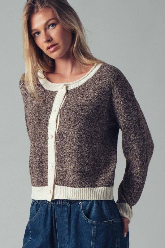 Cream Detail Mocha Soft Knit Button-front Cardigan Sweater