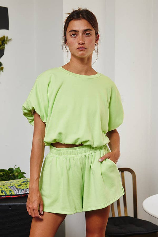 Key lime Wide Leg Side Pocket Terry Lined Shorts