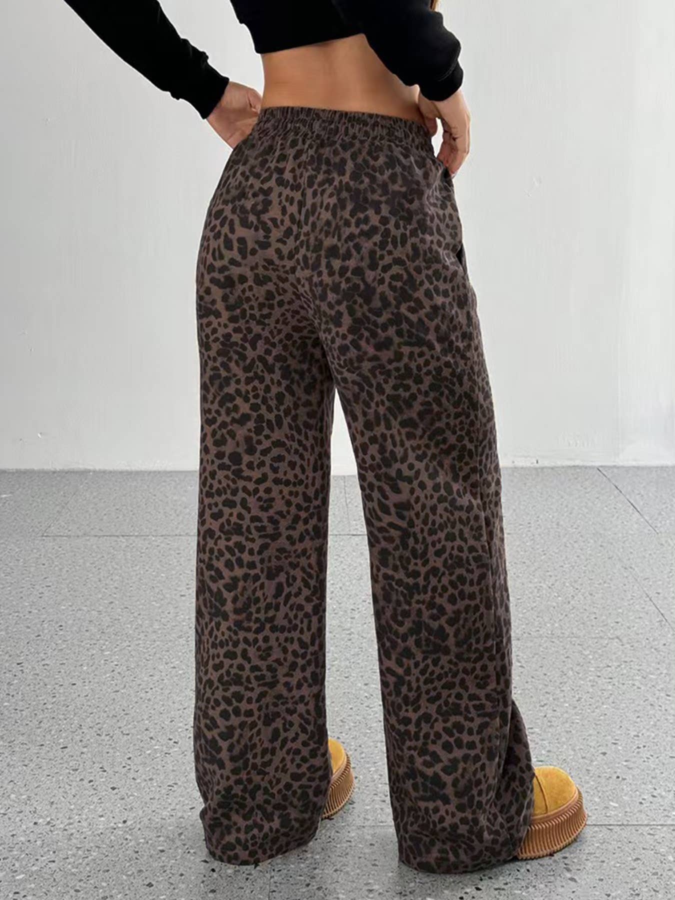 Brown Leopard Print Casual Drawstring Pants- 132533