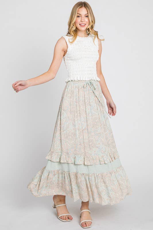 Mint and Taupe Delicate Design Block Ruffle Maxi Skirt