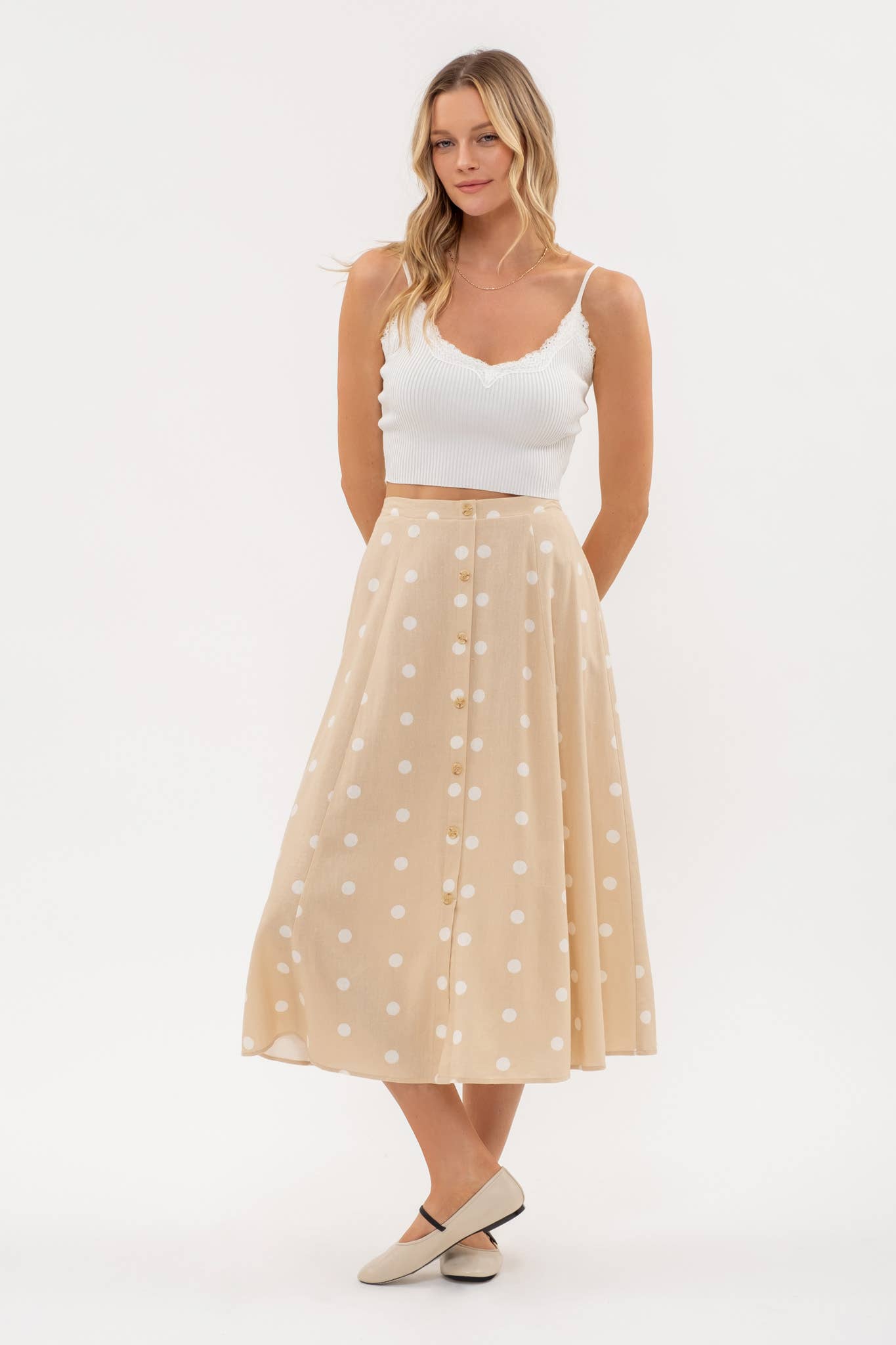 Khaki and White Linen Polka Dot Button Down Skirt