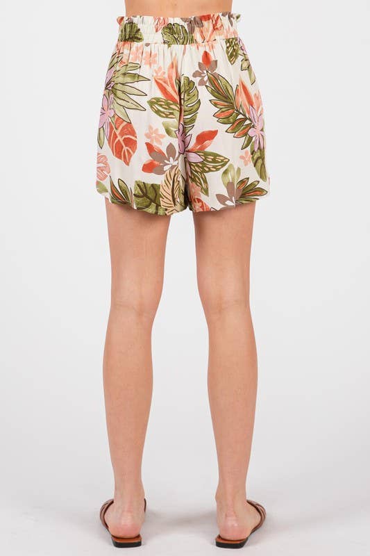 Ivory and Coral Foliage Print Flirty Dolphin Hem Line Shorts