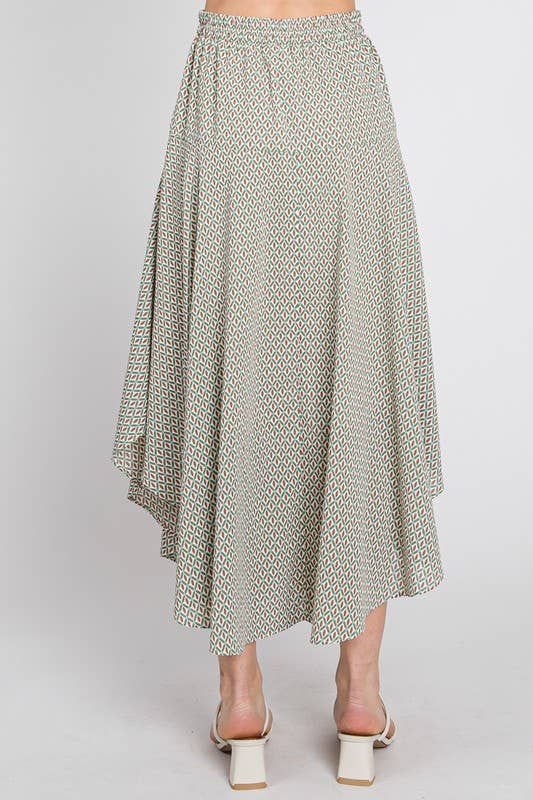 Jade and Burgundy Midi Skirt Juliana Pattern Drawstring Waist and Flared Curve Hemline