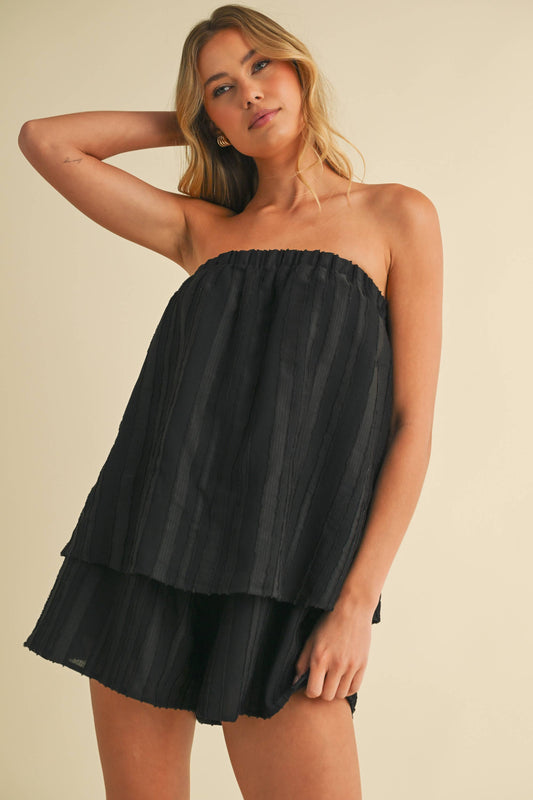 Flowy Black Textured Tube Top Romper
