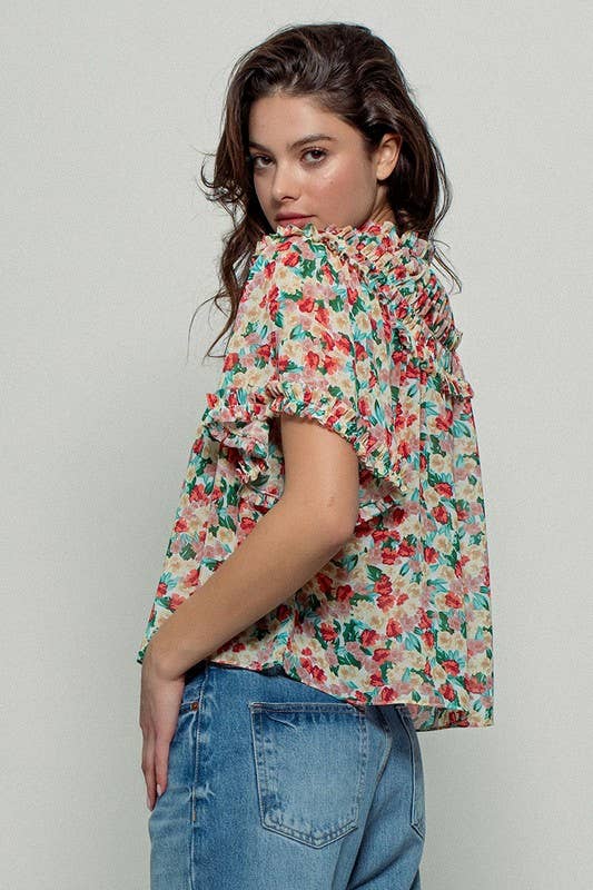 Aurora of Ruffle and Color Short Sleeve Blouse